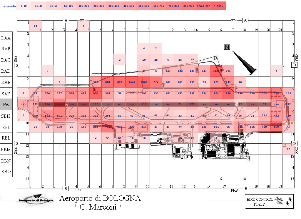 Mappa concentrazione Piccione in aeroporto Bologna Borgo Panigale