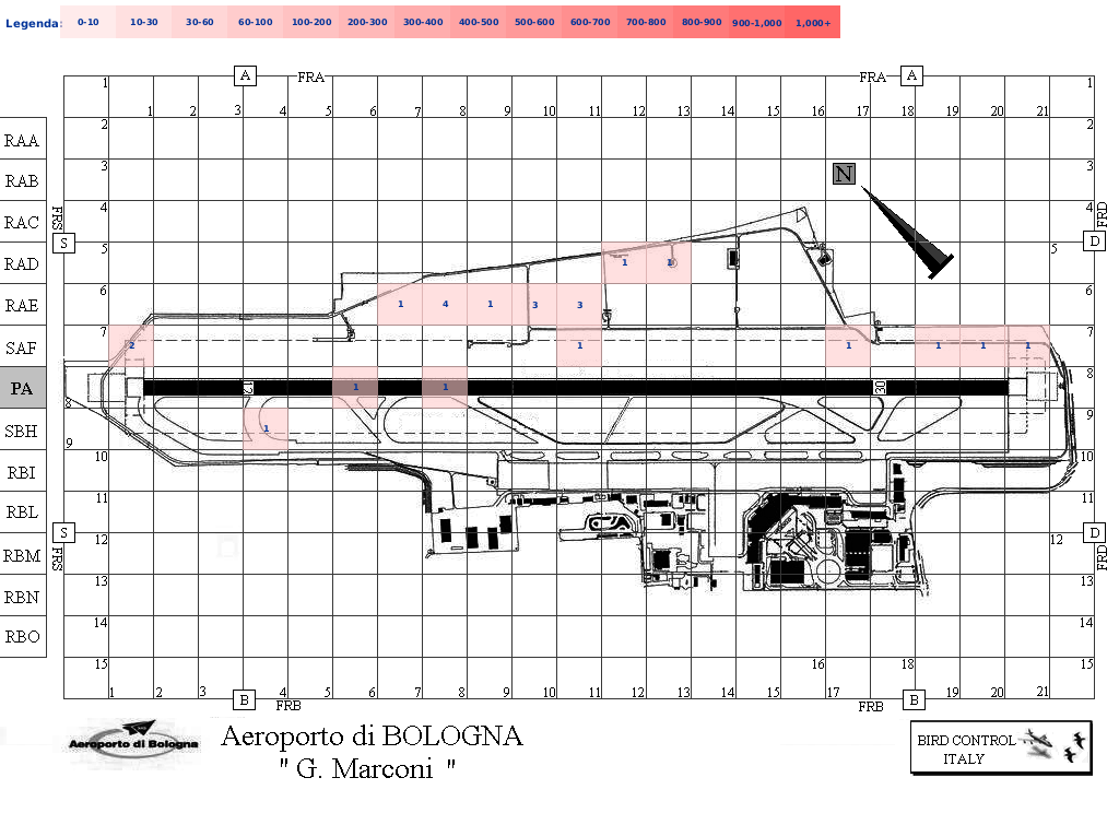 Mappa concentrazione Civetta in aeroporto Bologna Borgo Panigale