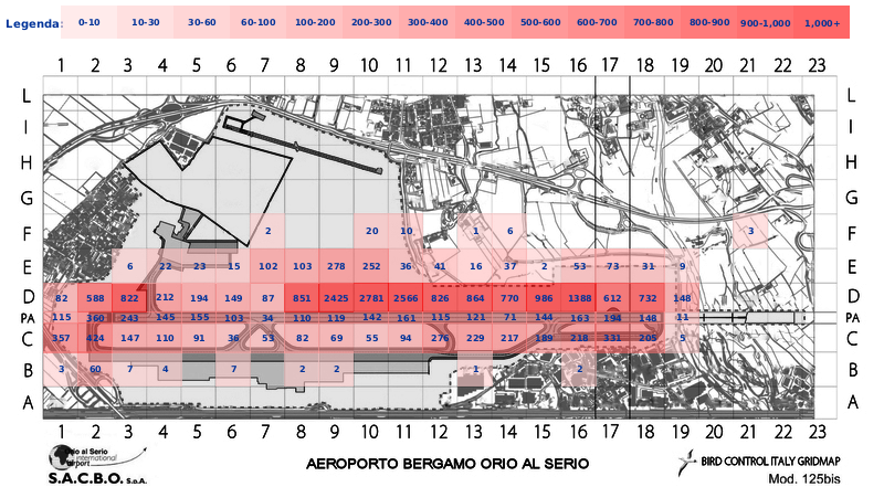 Mappa concentrazione Cornacchia grigia in aeroporto Bergamo Orio al Serio