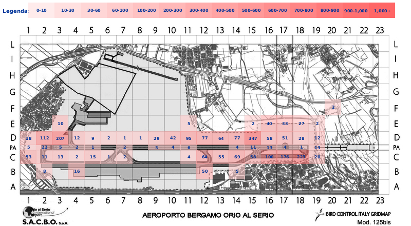 Mappa concentrazione Colombaccio in aeroporto Bergamo Orio al Serio