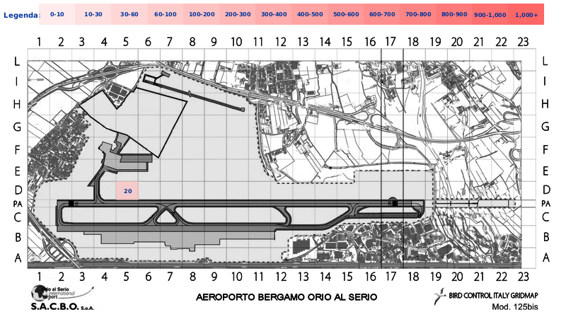 Mappa concentrazione Gabbiano reale zampegialle in aeroporto Bergamo Orio al Serio