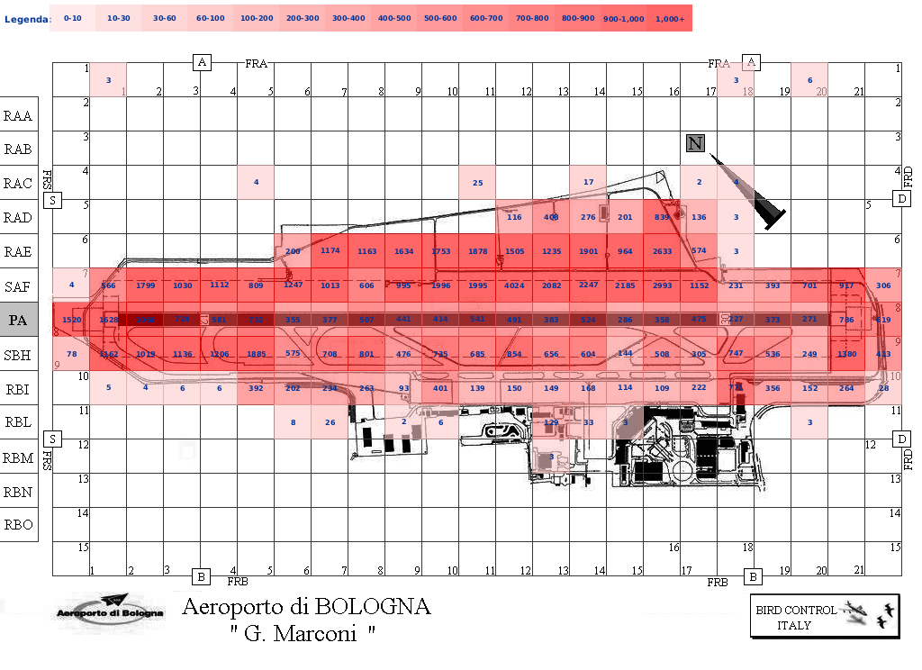 Mappa concentrazione Cornacchia grigia in aeroporto Bologna Borgo Panigale