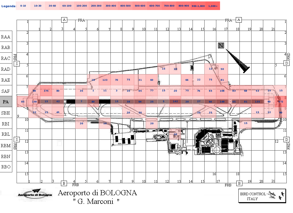 Mappa concentrazione Rondine in aeroporto Bologna Borgo Panigale