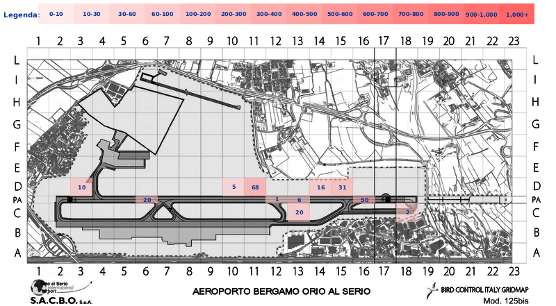 Mappa concentrazione Rondone in aeroporto Bergamo Orio al Serio