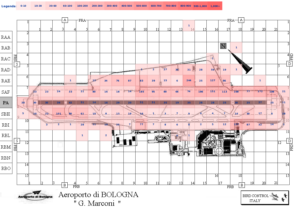 Mappa concentrazione Gheppio in aeroporto Bologna Borgo Panigale