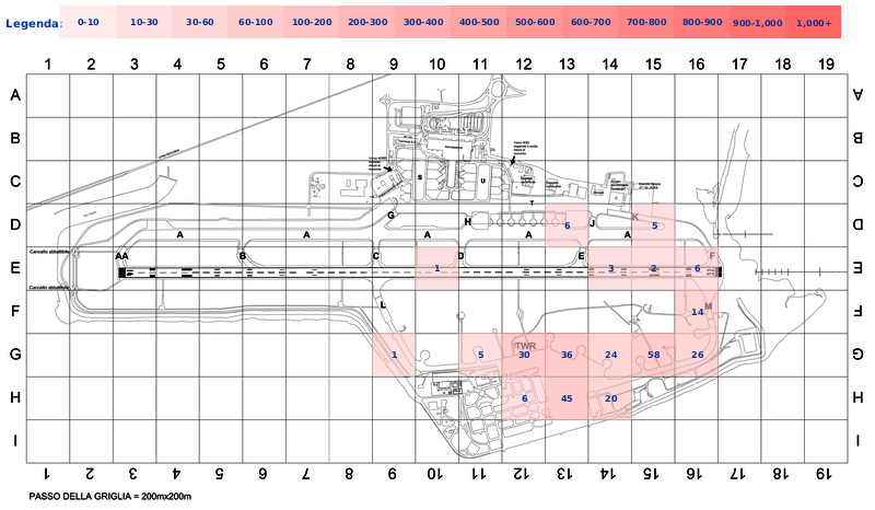 Mappa concentrazione Occhione in aeroporto Cagliari Elmas