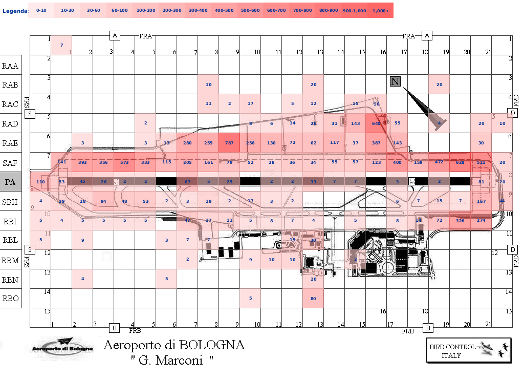 Mappa concentrazione Colombaccio in aeroporto Bologna Borgo Panigale