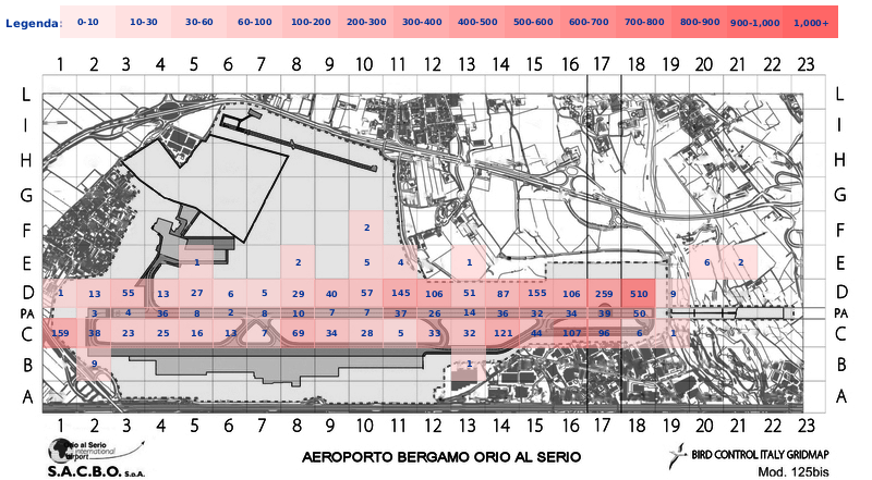 Mappa concentrazione Airone cenerino in aeroporto Bergamo Orio al Serio