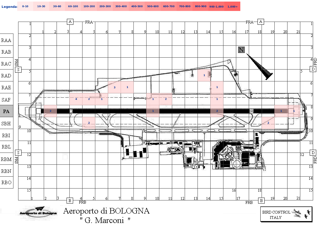 Mappa concentrazione Gabbiano reale zampegialle in aeroporto Bologna Borgo Panigale