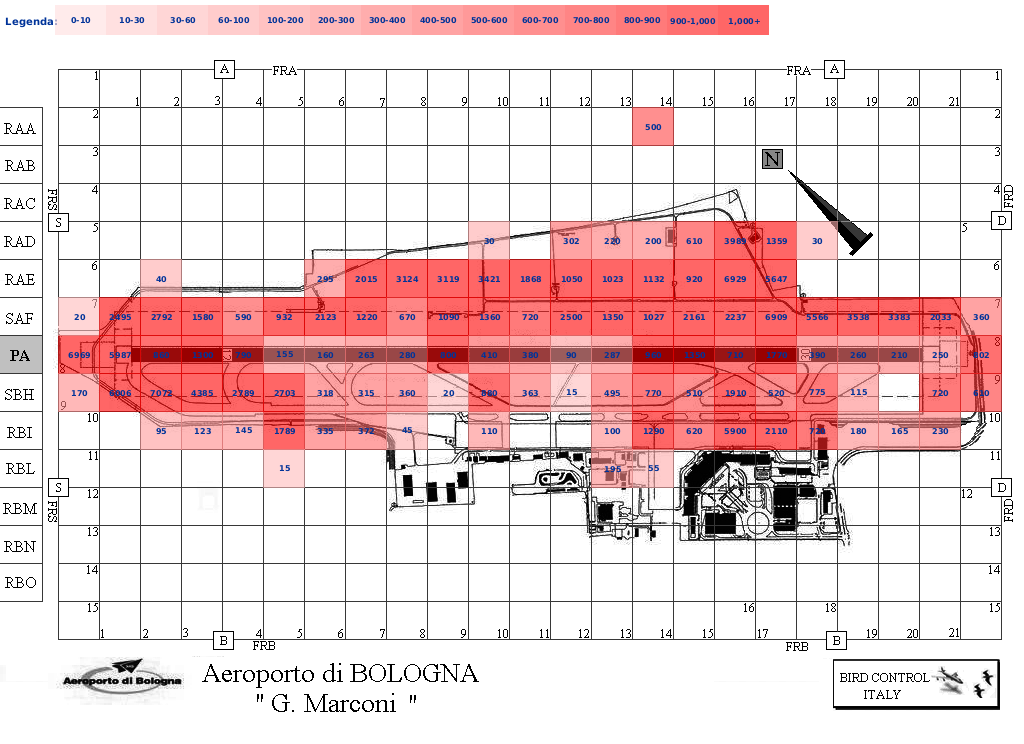 Mappa concentrazione Storno in aeroporto Bologna Borgo Panigale