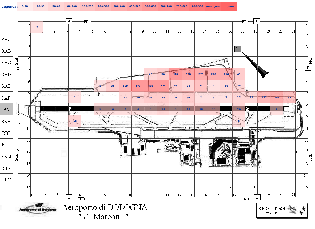 Mappa concentrazione Gruccione in aeroporto Bologna Borgo Panigale