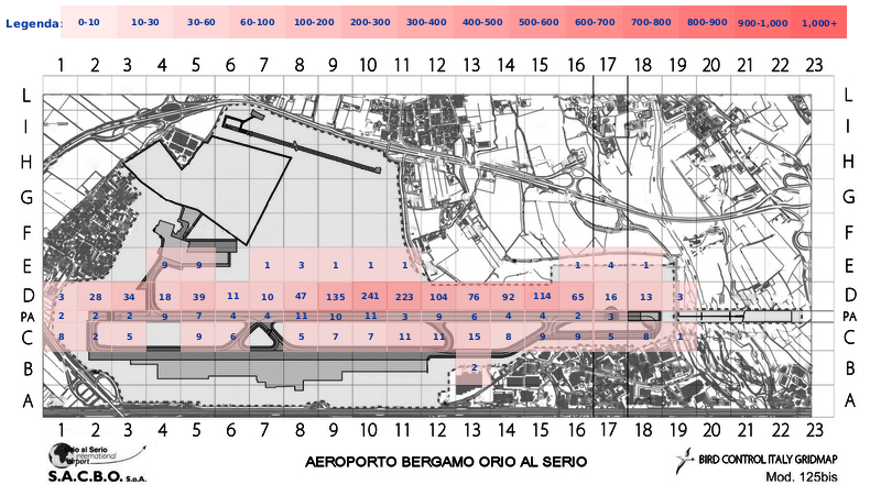 Mappa concentrazione Gheppio in aeroporto Bergamo Orio al Serio